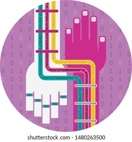We are the same. How artificial intelligence will interact with us. A robot’s hand is connected with human's hand through tubes and microchips, converting two organisms in one