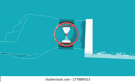 we see a hand on which a watch is worn, an hourglass is drawn on the watch,hand with watch,vector,cartoon.