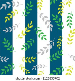 We see here amazing, colorful leaves of acacia against the background of dark blue and white stripes. Wonderful seamless pattern. Can be used for fabrics, paper
