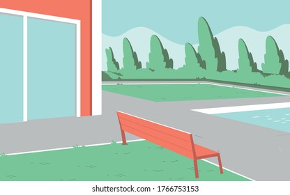 we see a house next to it sits a chair, lawn and a pool in the background are trees,vector,cartoon.