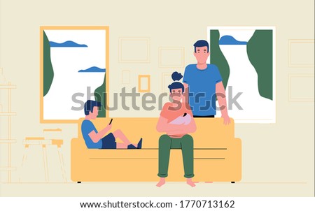 we see the inside of an apartment, the sofa on which sits a woman holding the child in her hand in the back sits a man with his hands on the sofa, a child sits on the sofa and plays on the phone.