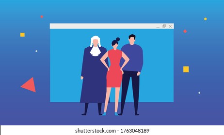 we see a judge, a lady dressed in a red dress, and a gentleman in blue jeans and a sweater,in the background we see the web browser window,illustration,cartoon