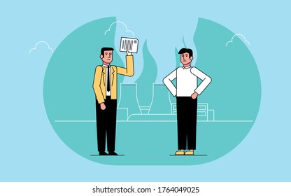we see a man in a yellow jacket he holds a document in his hand, ear ald man looks at him, in the background is a factory.