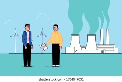 we see a man in a yellow jacket he holds a document in his hand, ear ald man looks at him, in the background is a factory and wind turbines.