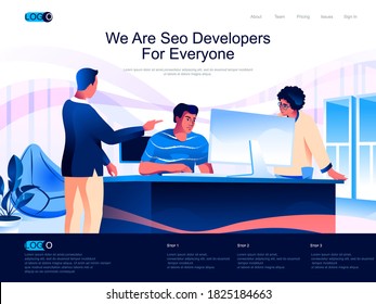 We are SEO Developers for everyone isometric landing page. Search engine optimization isometry website page. Developers teamwork web concept in flat style, vector illustration with people characters.