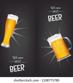 We serve best bee, glass with foam beer and vector illustration. background and vector template design.