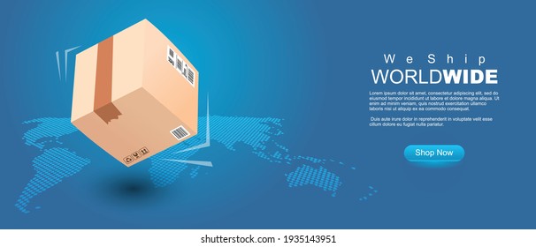 we ship world wide banner. 3d style shipping package in front of map, clean modern style vector illustration - Shutterstock ID 1935143951