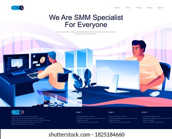 We are SMM Specialist for everyone isometric landing page. Digital marketing in social network isometry website. Marketers teamwork in office web concept, vector illustration with people characters.