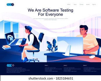 We are Software Testing for everyone isometric landing page. Testing and quality assurance isometry website page. Engineer debugging program web concept, vector illustration with people characters.