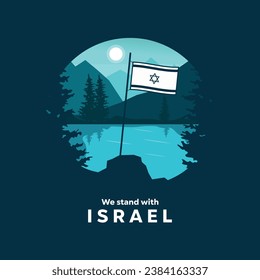 "Apoyamos a Israel. Hermosa ilustración vectorial de Israel con paisaje forestal y la bandera israelí, perfecta para afiches, campañas, carteles y más."