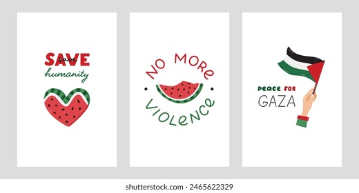 Wir stehen mit Palästina-Plakaten mit Schriftzügen und handgezeichnetem Clipart der Gazafahne in der Hand, Wassermelone in Herzform und Landkarte von Israel und Gaza. In: Concept of Support Palestine.