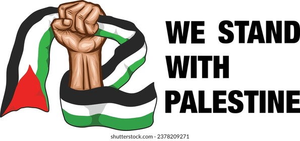 We stand with Palestine vector design. Fist hand holding flag symbol solidarity for the people of Palestine. Freedom, Save Palestine.