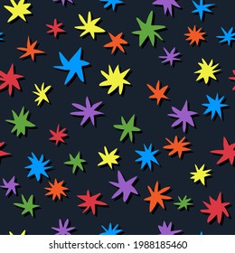 We are the stars seamless pattern. Cute rainbow hand-drawn stars on navy blue background. Cartoon illustration for fabric, textile print, wrapping paper. 