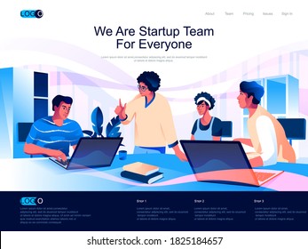 We are Startup Team for everyone isometric landing page. Business innovation isometry website. Team of startup founders discussing new project web concept, vector illustration with people characters.