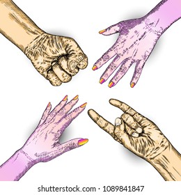 We are strong or Together we're strong concept. Raised fists. Ink art. Vector.