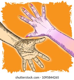 We are strong or Together we're strong concept. Raised fists. Ink art. Vector.