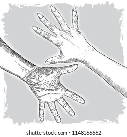 We are strong or Together we're strong concept. Raised fists. Ink art. Vector.