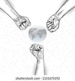 We are strong or Together we're strong concept. Raised fists. Ink art. Vector.