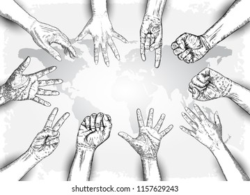 We are strong or Together we're strong concept. Raised fists. Ink art. Vector.