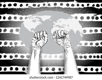 We are strong or Together we're strong concept. Raised fists. Ink art. Vector.