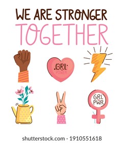 we are stronger together lettering with set icons vector illustration design