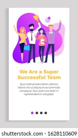 We Are Super Successful Team Portrait View Of Colleagues Standing Together With Award, Rising Hands, Leader And Winner, Company Progress Vector. Website Or App Slider Template, Landing Page Flat Style