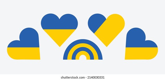 We Support Ukraine Sign. Set of Ukraine flag icons in the shape of heart. Save Ukraine. Stop War, Pray for Ukraine.International protest, Vector EPS.10