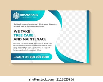we take tree care and maintenance flyer design template. blue gradient elements in horizontal Layout.  Report business Leaflet white cover Presentation Modern background. space for photo.