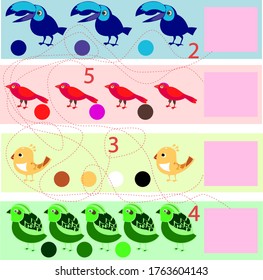 We teach children to count and know different colors and shades! Show children how to connect a number and a number of birds correctly