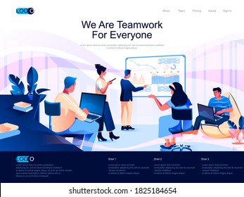 We are Teamwork for everyone isometric landing page. Partnership and collaboration isometry website page. Business team developing new project web concept, vector illustration with people characters.