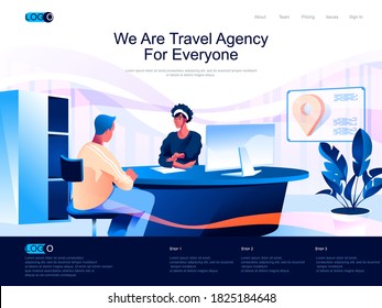 We are Travel Agency for everyone isometric landing page. Tour choosing and booking isometry website page. Travel agent talking with client web concept, vector illustration with people characters.