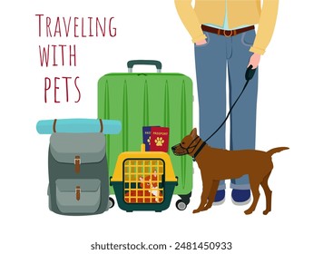 We travel with pets. A suitcase, a backpack, a carrier with a cat, a dog in a muzzle. Vector illustration.