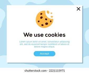 We use cookies concept. Internet web pop up banner. Website policy notification. Accept cookies web page template. GDPR data protection. Flat creative modern interface design vector illustration.