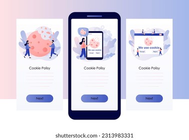 We use cookies policy notification pop up. Protection of personal information cookie. Confidential Information. Screen template for mobile, smartphone app. Modern flat cartoon style. Vector