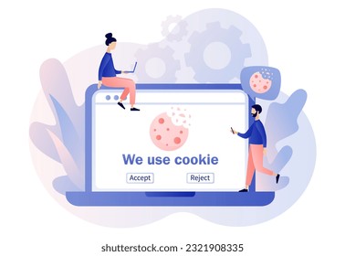 We use cookies policy notification pop up on laptop screen. Protection of personal information cookie. Confidential Information. Modern flat cartoon style. Vector illustration on white background