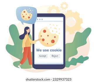 Utilizamos la notificación de la política de cookies en la aplicación para smartphone. Información confidencial. Protección de cookies de información personal. Estilo moderno de dibujos animados planos. Ilustración del vector sobre fondo blanco