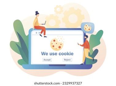 Utilizamos la notificación de la política de cookies en la pantalla del portátil. Información confidencial. Protección de cookies de información personal. Estilo moderno de dibujos animados planos. Ilustración del vector sobre fondo blanco
