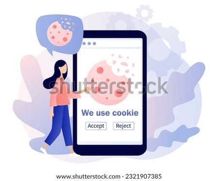 We use cookies policy notification pop up in smartphone app. Protection of personal information cookie. Confidential Information. Modern flat cartoon style. Vector illustration on white background