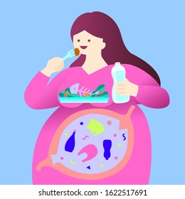 We use disposable plastic every day. Health risk of micro plastic pieces in food. Editable vector illustration.