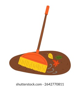 We use a plastic broom to sweep the autumn leaves. Gardening tools. Flat color illustration. Suitable for gardening, site maintenance, weed control, agricultural machinery and manual labor