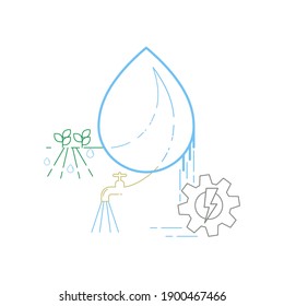 We use water for household consumption, agriculture and electricity. Importance of water in daily life. Vector illustration outline flat design style.