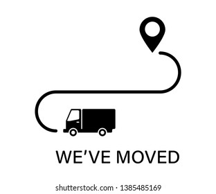 We' ve moved icon with poinre road and truck. New place banner isolated. Sign of new location. EPS 10