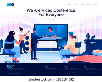 We are Video Conference for everyone isometric landing page. Internet communication isometry website page. Colleagues discussing project online web concept, vector illustration with people characters.