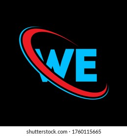 Diseño del logo de la carta WE W E. Letra inicial NOSOTROS enlazó el logotipo del monograma superior del círculo rojo y azul. Logo de WE, diseño de W E. nosotros, nosotros