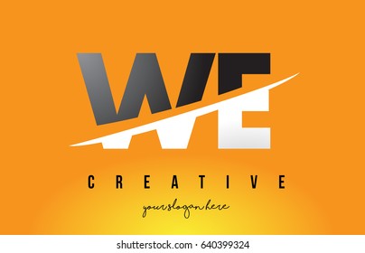 WE W E Letter Modern Logo Design with Swoosh Cutting the Middle Letters and Yellow Background.