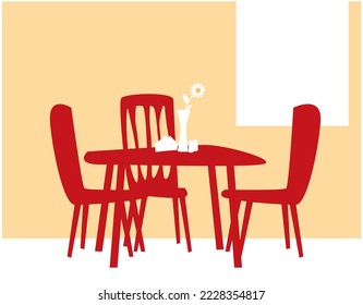 We are waiting for guests. Inside a cozy cafe. Served table, chairs, interior. Vector image for prints, poster and illustrations.