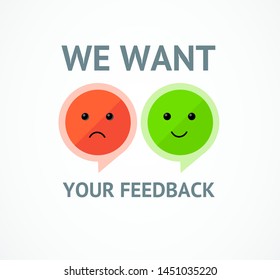 We Want Feedback Concept Card Background with Smile for Evaluation and Survey Opinion. Vector illustration of Business Service