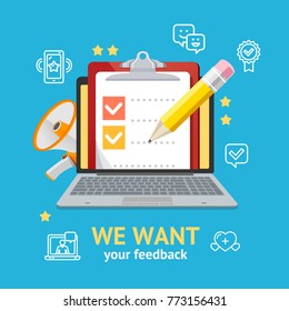 We Want Feedback Concept with Checklist Dashboard Computer Interface Positive Testimonial and Review Elements Design Contact. Vector illustration