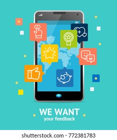 We Want Feedback Online Service Concept with Mobile Smartphone on a Blue Background Screen Device Phone. Vector illustration