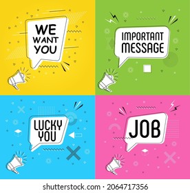 We want you  in bubble vector on bright yellow background. Important message comic speech bubble. Lucky you text cartoon comic explosion. Job Massages and talk signs for app, web.